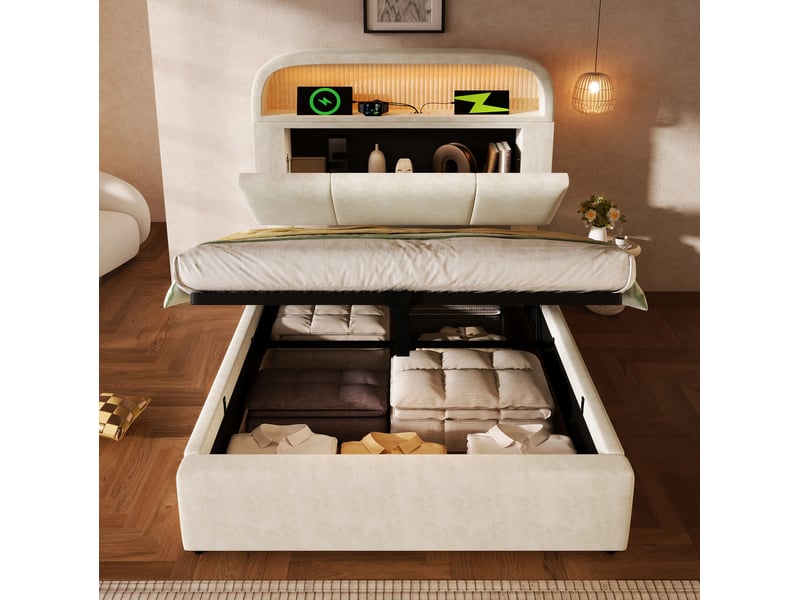  Modenvie lit coffre 90x200 cm - tête de lit réglable avec led et ports usb-c, avec matelas - beige  - Conforama E