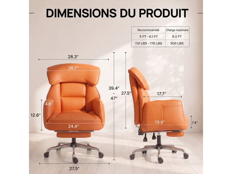  Dowinx fauteuil gaming ergonomique couleur orange avec massage, ressorts ensachés, réglages multiples, revêtement en similicuir pu, grand format  - Conforama D
