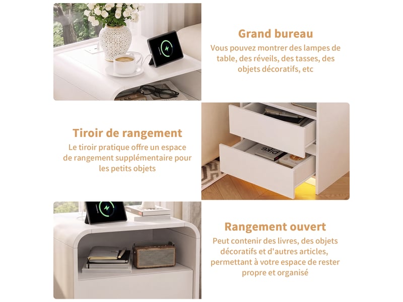 Lot de 2 tables de chevet avec led,usb ports et 2 prises,2 tiroirs,table de nuit blanc style moderne,40 x 45 x 57 cm - Conforama R