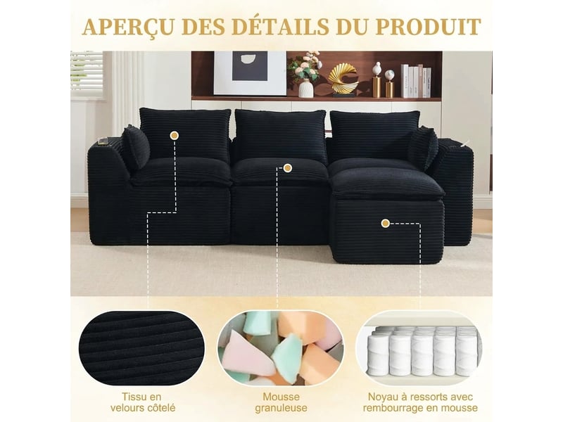 Canapé modulaire 3 places avec pouf assorti 256 x 161 x 75 cm rangement latéral et porte-gobelet - Conforama R