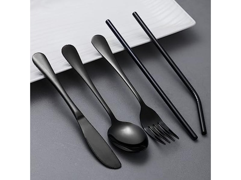  Ensemble de 7 pièces, couteau, fourchette, cuillère, baguettes, paille, ensemble de vaisselle portable en acier inoxydable argenté pour étudiants  - Conforama B