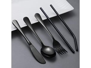 Ensemble de 7 pièces, couteau, fourchette, cuillère, baguettes, paille, ensemble de vaisselle portable en acier inoxydable argenté pour étudiants