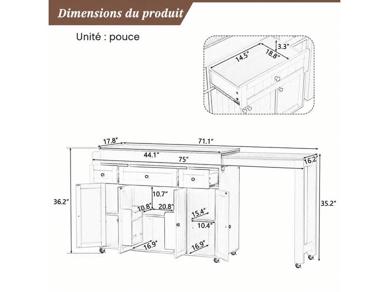  Îlot de cuisine sur roulettes muvano, plateau extensible, noir et naturel, 137 × 45,2 × 92 cm  - Conforama W