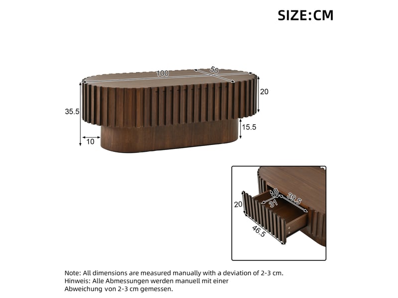 Table basse ovale 100 x 50 x 35,5 cm en mdf bois foncé, 1 tiroir, décor à lamelles verticales pour le salon - Conforama C