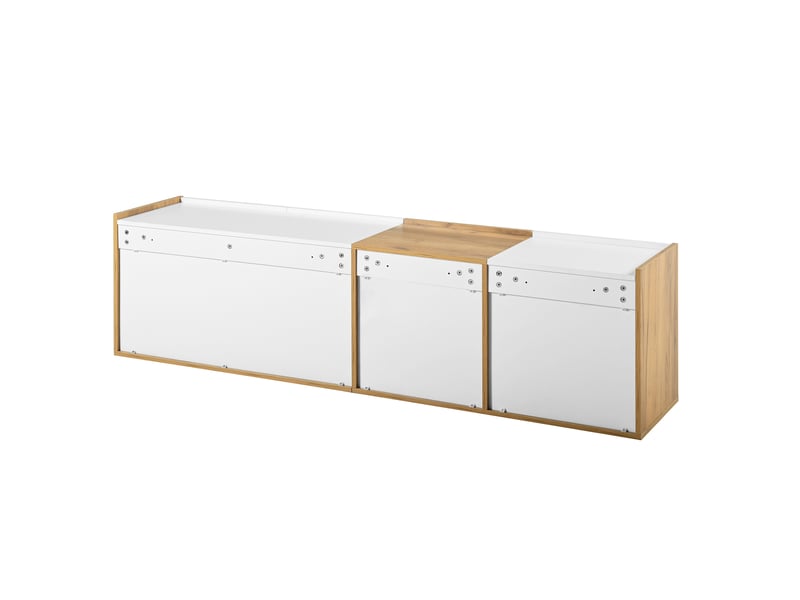  Meuble tv mural blanc et bois suspendu 171 cm, 3 portes et 3 tiroirs, étagères réglables, installation au sol ou murale  - Conforama R
