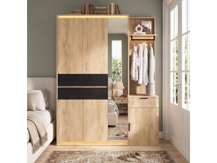 Ensemble vestiaire d’entrée 155 x 47 x 200 cm, miroir, éclairage led, 3 tringles à vêtements, 5 tiroirs, anthracitechêne