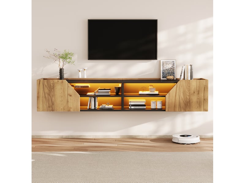  Meuble tv mural avec led rgb bluetooth noir et bois, 180x36,5x40 cm  - Conforama B