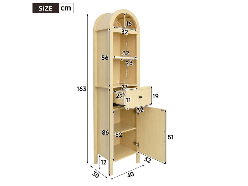 Armoire de salle de bain avec led, tiroir, rangements ouverts et porte réversible en mdf naturel 40 × 30 × 163 cm  - Conforama C