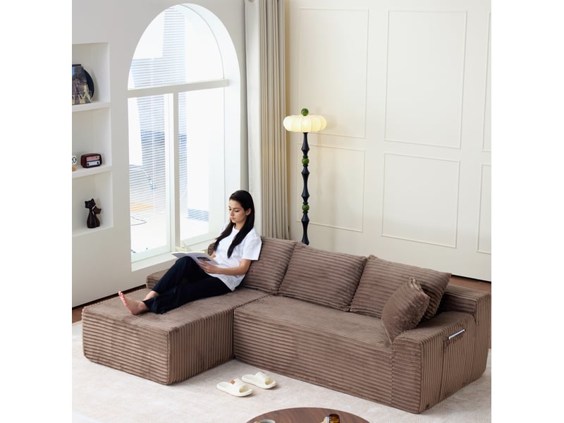Canapé d’angle modulable gauche compressé 4 places en mousse et velours côtelé couleur marron, style moderne - Conforama E