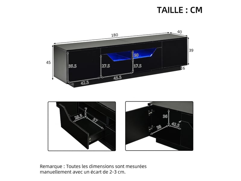  Meuble tv 180 cm noir brillant pour téléviseur 75 pouces avec éclairage led et 2 tiroirs  - Conforama C