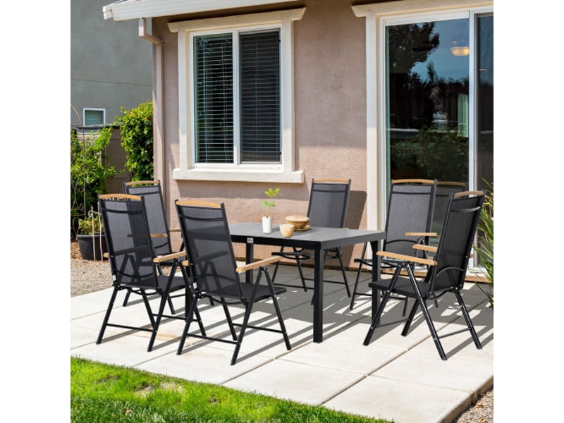  Salon de jardin pliable 6 personnes, table + 6 chaises, aluminium, maille, noir  - Conforama B