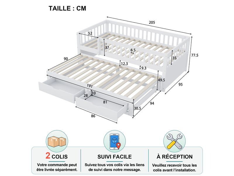  Lit gigogne simple 90×200 cm avec barrière et 2 tiroirs - okmyhome- en bois blanc, sommier inclus, sans matelas  - Conforama D