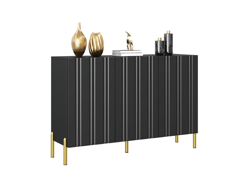  Buffet de salon - 120x35.5x80cm - 3 portes rainurées étagères réglables et pieds dorés en métal - noir  - Conforama A