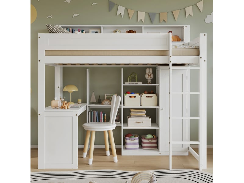 Lit mezzanine enfant 90 × 200 cm 1 place avec bureau, armoire et étagères, sans matelas, en bois, blanc  - Conforama C