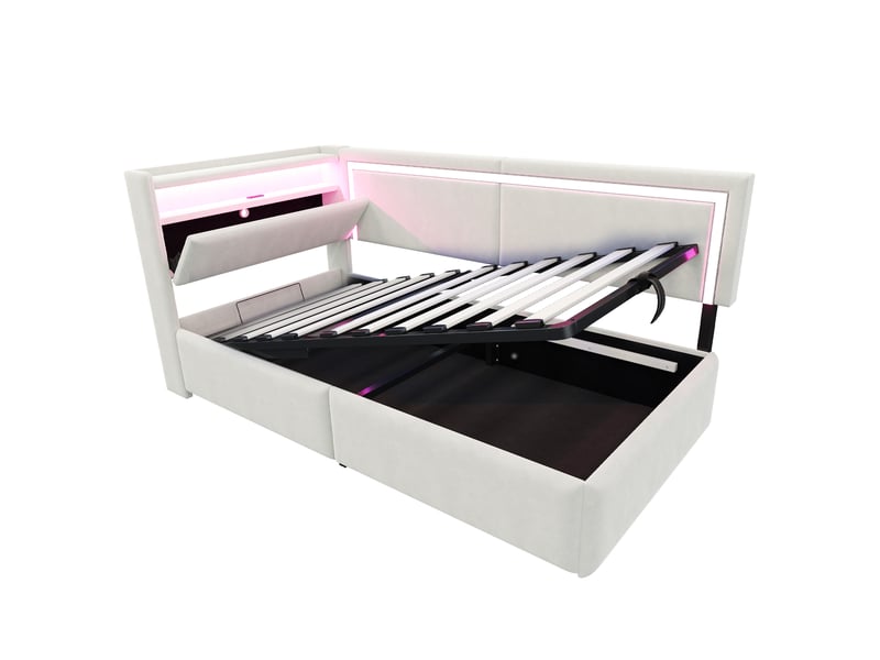  Lit canapé velours beige 90x200 cm avec led, usb et rangement hydraulique  - Conforama E