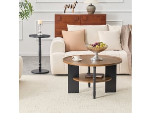Table basse ronde 2 pièces en mdf avec revêtement pvc, coloris bois foncé et noir, pour salon