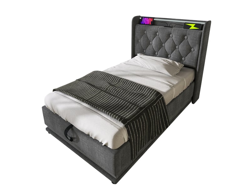  Lit coffre simple 90x200 cm avec led et rangements, lin, gris, sans matelas  - Conforama A