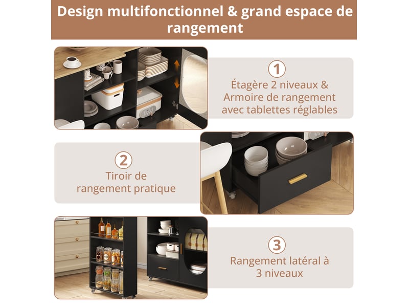  Îlot de cuisine 120x60x90 cm extensible avec 1 porte et 1 tiroir en plateau pivotant et mdf couleur naturel et noir  - Conforama E