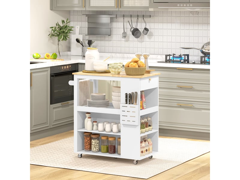  Chariot de cuisine avec étagères réglables, porte-couteaux et plateau en bois, 86,5 x 47 x 88 cm, blanc  - Conforama C