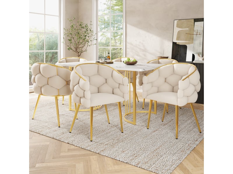  Lot de 6 chaises de salle à manger en velours beige, pieds en métal doré, design moderne, assise ergonomique  - Conforama B