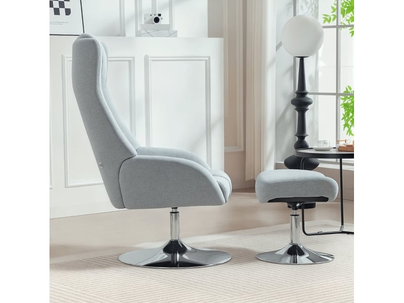  Fauteuil relax inclinable pivotant 360° gris avec repose-pieds, tissu respirant et base métal pour le salon  - Conforama D
