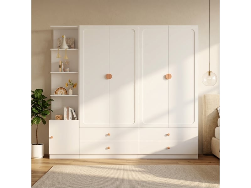  Grande armoire 200 x 225 x 45 cm, blanche, armoire 3 tringles et 4 tiroirs, grand rangement design pour chambre, chambre enfant, couloir et bureau  - Conforama B