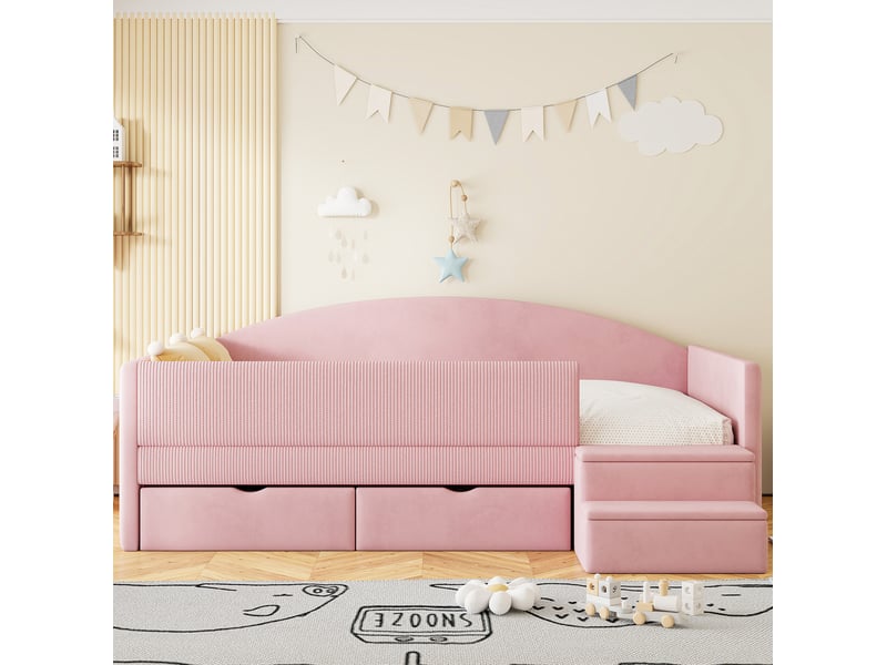  Lit 90x190 rembourré avec 2 tiroirs et marches, rose evryae  - Conforama C