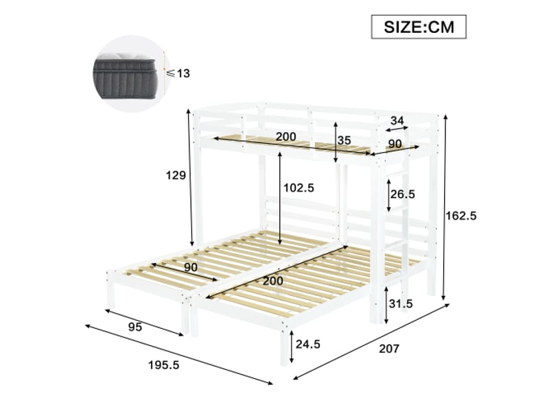  Lit triple 90x200cm coloris blanc bois massif lit enfant blanc - Conforama C