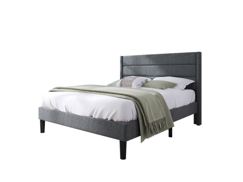  Lit rembourré double lin gris foncé 140x200 cm,tête matelassée 3 panneaux,sommier à lattes,210 x 146 x 111 cm,ado,sans matelas  - Conforama A