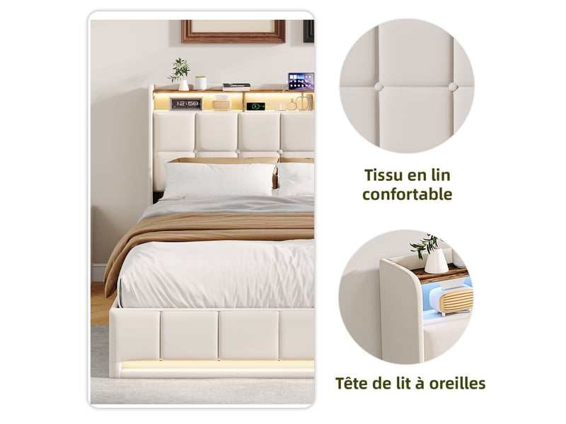 Lit adulte coffre 140x190 cm avec rangement intégré et tête de lit à ailes, lit 2 places avec niche de rangement, tissu lin beige, sans matelas - Conforama E