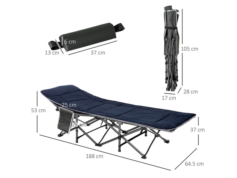  Bain de soleil 188 x 64 x 53 cm pliable coussin de tête poche latérale charge maximale 150 kg tissu oxford bleu foncé et gris  - Conforama B