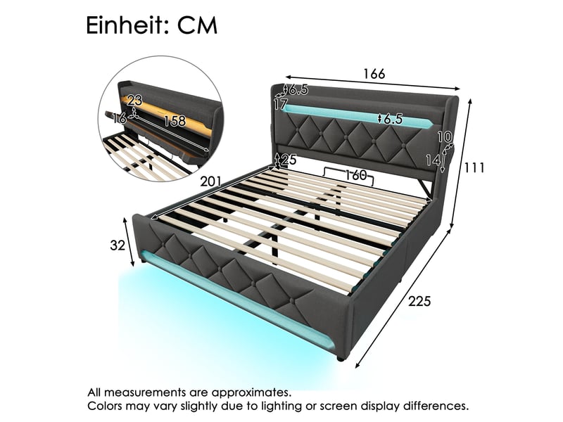  Lit coffre, lit double 160x200 cm, rangement hydraulique, tête de lit avec rangement, led 360°, usbusb-c, lin gris, matelas inclus  - Conforama C