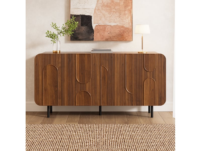 Buffet 160x40x79 cm, avec 4 portes, meuble de cuisine, rangements réglables, pieds métal, salon, mdf noyer, élégant - Conforama D