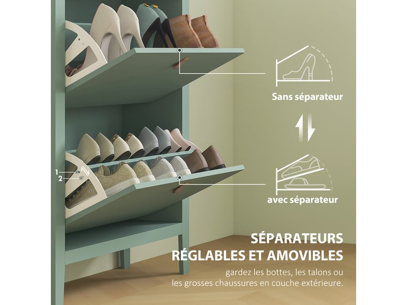  Meuble à chaussures 14 paires, armoire à chaussures avec 2 tiroirs rabattables, étagères amovibles et réglables, vert  - Conforama E