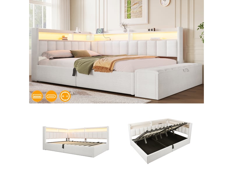 Lit coffre hydraulique 140x200 cm avec led, usb-a et usb-c, banc coffre et tête réversible, tissu lin beige, sans matelas - Conforama E