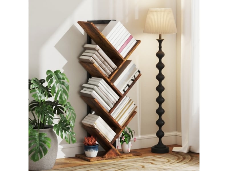  Bibliothèque étroite 7 niveaux, design arbre, style rustique, marron, pour bureau  - Conforama B