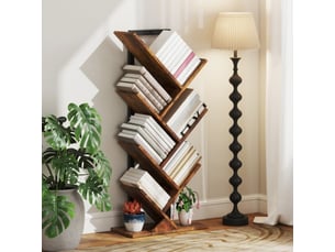 Bibliothèque étroite 7 niveaux, design arbre, style rustique, marron, pour bureau