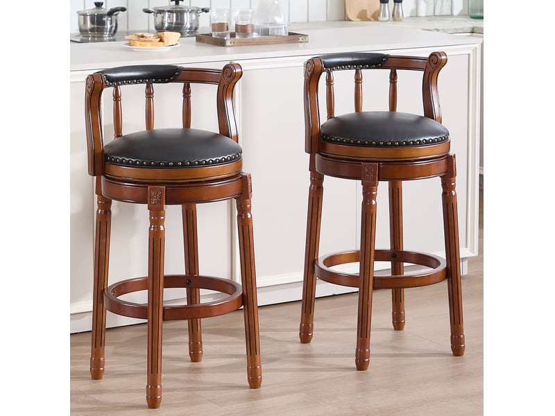  Tabouret de bar pivotant 55x55x96 cm, revêtement en similicuir véritable, dossier haut, noir, pieds en bois, assise capitonnée  - Conforama B