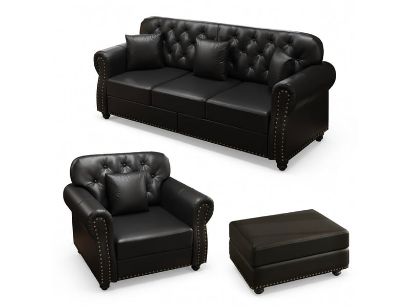 Canapé droit noir simili, 4 places design chesterfield, assises confortables à ressorts, accoudoirs roulés et décor clous - Conforama A