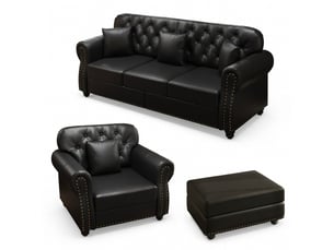 Canapé droit noir simili, 4 places design chesterfield, assises confortables à ressorts, accoudoirs roulés et décor clous