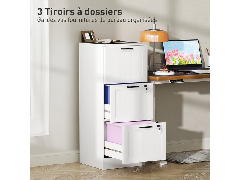  Caisson bureau, meuble rangement bois 3 tiroirs et serrure, barres de suspension réglables, blanc, 40 x 40 x 101 cm  - Conforama A