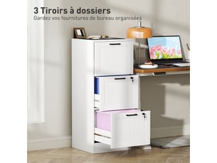 Caisson bureau, meuble rangement bois 3 tiroirs et serrure, barres de suspension réglables, blanc, 40 x 40 x 101 cm