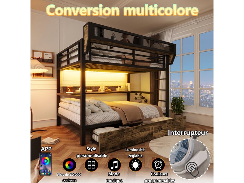  Lit mezzanine 140x200 cm noir en métal, 2 tiroirs, étagère, panier de rangement et éclairage led, sans matelas  - Conforama E