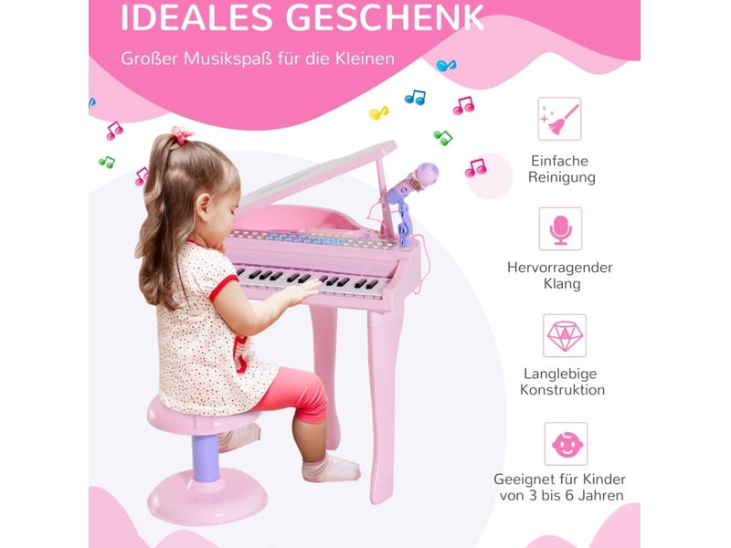  Piano électronique enfant 37 touches rose en abs, tabouret et microphone avec fonctions musicales pour 3 à 6 ans  - Conforama D