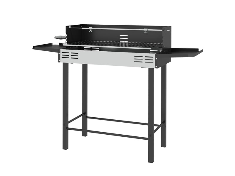  Barbecue au charbon portable avec broche rotative, tablettes pliables et pare-vent, 118x32x90 cm, noir  - Conforama B