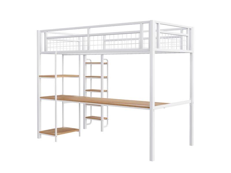  Lit mezzanine enfant 90x200 cm avec table, étagère, garde-corps, escalier, sommier, métal blanc, sans matelas  - Conforama D