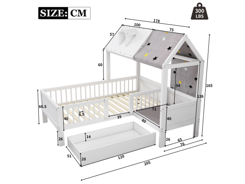  Lit enfant 90x200 cm, lit simple avec toile de tente et oreiller et tiroirs en dessous, en bois, blanc, sans matelas  - Conforama D