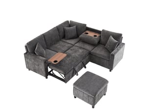 Canapé d'angle convertible en chenille, gris 4 places avec pouf coffre, lit avec ports usb et table rabattable pour salon et chambre