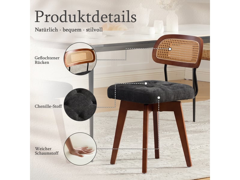 Chaises pivotantes 360° lot de 2, chaises de cuisine style mid-century moderne, dossier tressé, assise rembourrée, pour coin repas, noir chenille - Conforama E