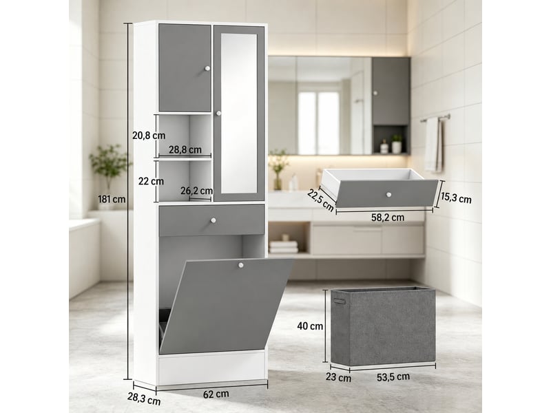  Armoire de salle de bain avec miroir et panier à linge, blanc et gris, 62 x 28,3 x 181 cm  - Conforama C
